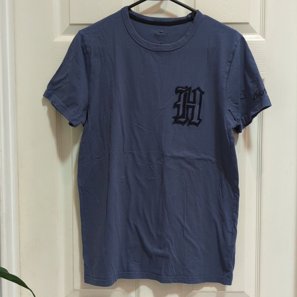 Hollister Men's 100% Cotton Blue Short Sleeve Tech Logo 70's Court Side Ringer
